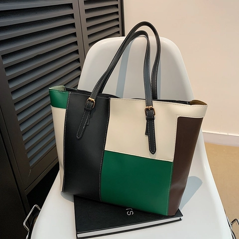 Patchwork Contrast Color Large Capacity Tote Bag For Women PU Leather Minimalist Shoulder Handbag Urban Commuting Fashion Purse