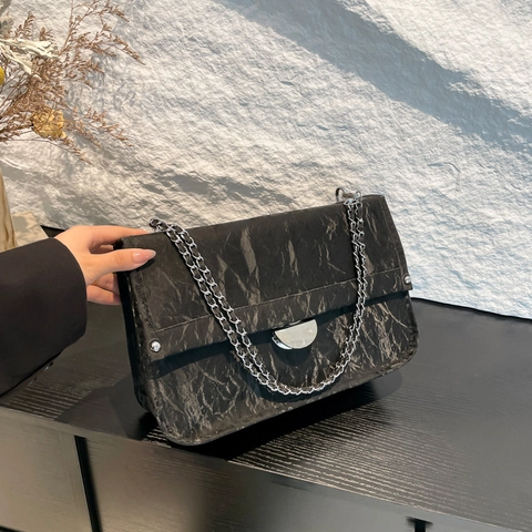 Mode Vrouwen PU Leer Schoudertas Gerimpelde Textuur Marmerpatroon Kettingriem Minimalistische Crossbody Tas