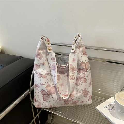 Women Large Capacity PU Leather Tote Bag With Artistic Butterfly And Star Print Vintage Urban Minimalist Shoulder Bag