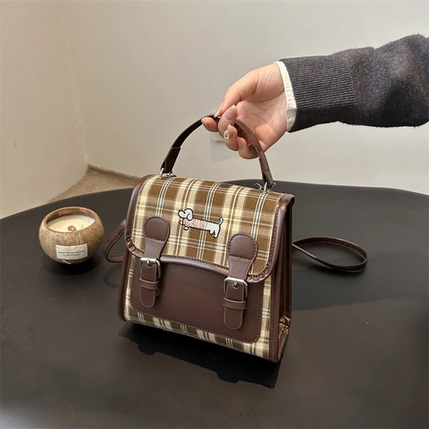 Zaino Mini Vintage a Quadretti da Donna in Pelle PU con Ricamo Bassotto Zainetto alla Moda per Scuola e Viaggi