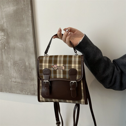 Zaino Mini Vintage a Quadretti da Donna in Pelle PU con Ricamo Bassotto Zainetto alla Moda per Scuola e Viaggi