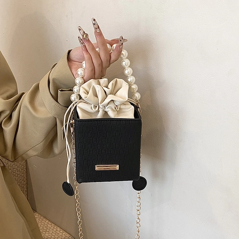 Fashion Women PU Leather Bucket Bag With Large Artificial Pearl Handle Gold Chain Strap Weave Pattern Drawstring Small Box Bag