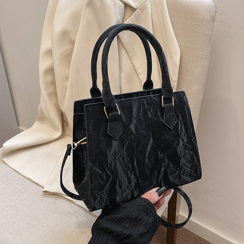 Vintage Women Wrinkled Square Handbag PU Leather Pleated Texture Shoulder Crossbody Bag Fashion Retro Solid Color Tote Bag