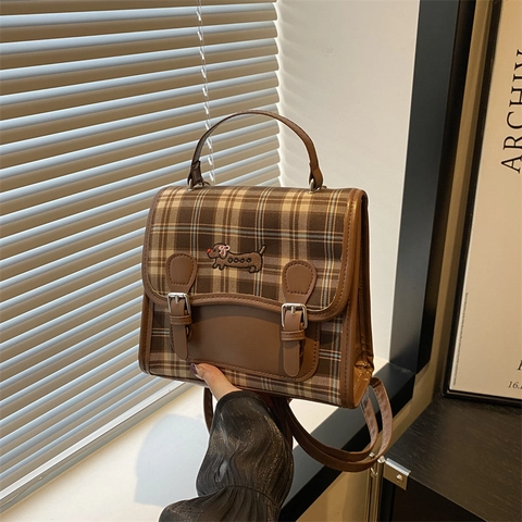 Vintage Plaid Mini Backpack For Women British Style PU Gingham Bag With Dachshund Embroidery Retro School Shoulder Bag