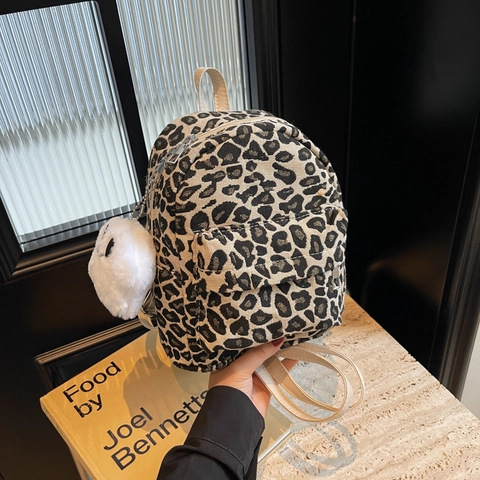 Mini Zaino con Stampa Leopardata da Donna in Tela Zainetto alla Moda Casual Quotidiano Borsa da Viaggio con Ciondolo