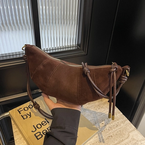Damen Minimalistische PU Wildleder Optik Croissant Tasche Einfarbig Leopard Umhängetasche Mit Geknotetem Schultergurt