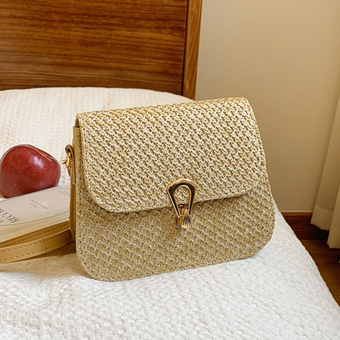 Damen Fashion Gewebte Stroh Umhängetasche 2024 Trendige Handgefertigte Kleine Quadratische Tasche Mit Metallverschluss Verstellbarem Schultergurt