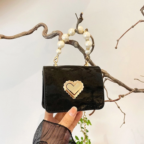 Women Mini Pearl Handle Crossbody Bag Luxury Nylon Heart Lock Purse With Gold Metal Chain Handheld Evening Party Bag