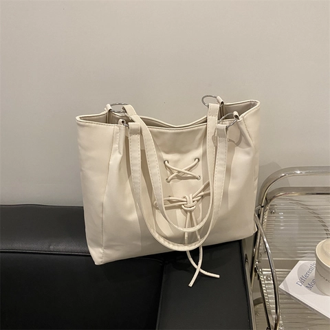 Sac Cabas pour Femme de Style Coréen Grande Capacité en Cuir PU Minimaliste Décoration Nœud à Lacets Sac à Main Épaule Urbain Quotidien