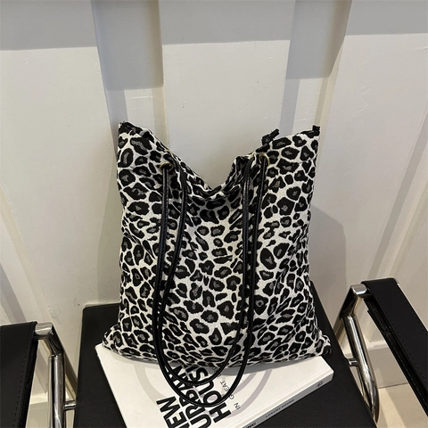 Bolso Tote de Lona con Estampado de Leopardo para Mujer Gran Capacidad Bolso de Hombro Casual Plegable Reutilizable Moda Bolso de Compras