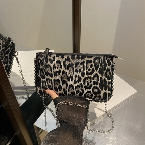 Fashion Leopard Print Underarm Shoulder Bag For Women With Rivet Trim Silver Chain Strap PU Leather Small Square Bag