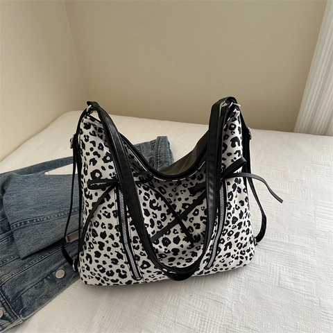 Vintage Leopardenmuster Große Kapazität Tote Bag Für Damen PU Leder Hobo Schultertasche Mit Bogen Doppelreißverschlüssen Lässige Tasche