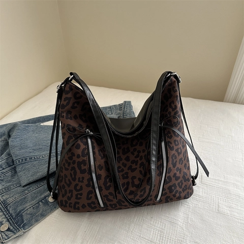 Women Leopard Print Tote Bag Large Capacity PU Shoulder Bag Double Zipper Bow Decor Retro Hobo Commuter Handbag