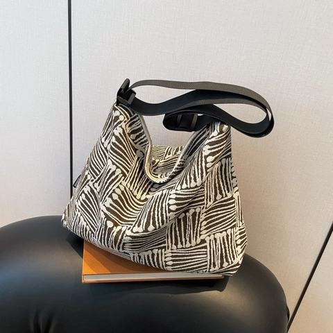 Borsa Tote da Donna in Tela Grande Capacità Motivo a Griglia Geometrica Borsa a Spalla Hobo Con Tracolla Larga Casual