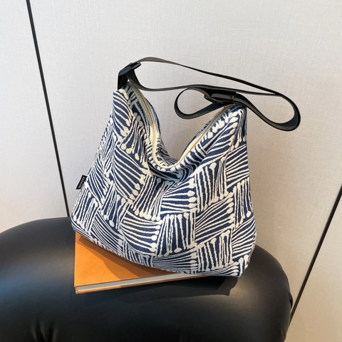 Borsa Tote da Donna in Tela Grande Capacità Motivo a Griglia Geometrica Borsa a Spalla Hobo Con Tracolla Larga Casual
