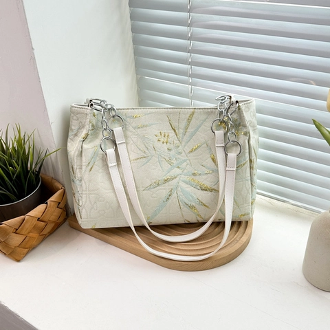 Women National Style Embroidered Satin Tote Bag Elegant Butterfly Bamboo Plum Blossom Pattern Shoulder Bag Metal Chain