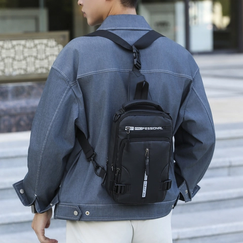 Sac de Poitrine Imperméable pour Hommes Sac Bandoulière Casual en Nylon Avec Port USB Multi-Poches Sac d'Épaule Sac à Dos Sport
