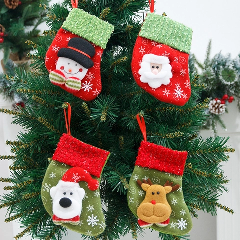Christmas Stocking Snowflake Pattern With 3D Santa Snowman Reindeer Polar Bear Pompom Christmas Tree Hanging Decor Bag