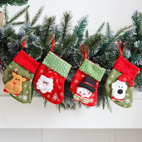 Christmas Stocking Snowflake Pattern With 3D Santa Snowman Reindeer Polar Bear Pompom Christmas Tree Hanging Decor Bag