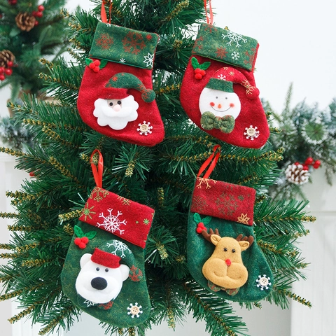 Thickened Felt Christmas Stocking Gift Bag With Santa Snowman Reindeer Bear Hanging Ornament For Holiday Tree Decoration