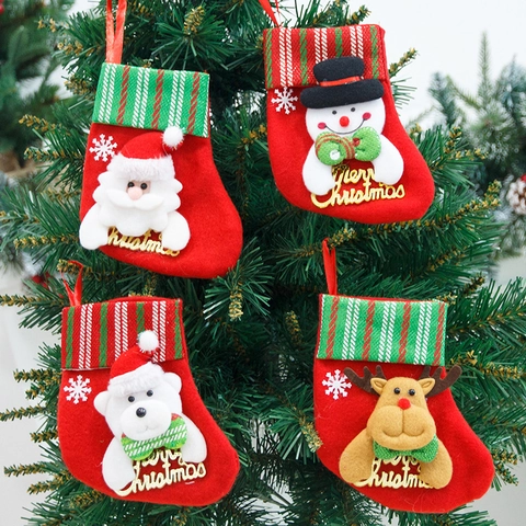Mini Christmas Stockings Gift Bag Polyester Small Socks Hanging Decorations Santa Snowman Reindeer Bear Pattern Holiday Ornament