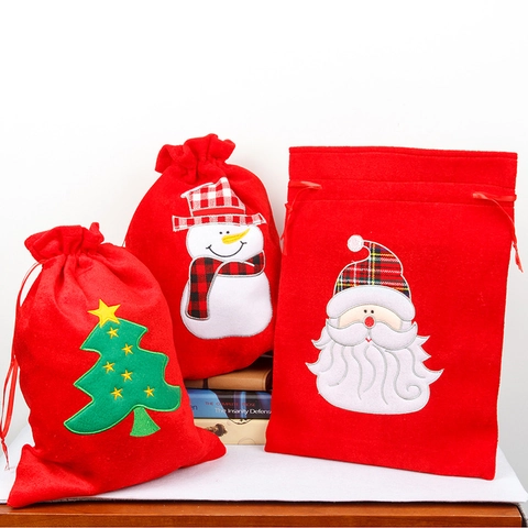Gold Velvet Christmas Drawstring Gift Bag Embroidered Santa Snowman Pattern Festive Candy Storage Pouch Decoration