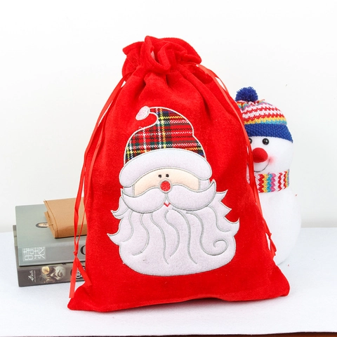 Gold Velvet Christmas Drawstring Gift Bag Embroidered Santa Snowman Pattern Festive Candy Storage Pouch Decoration