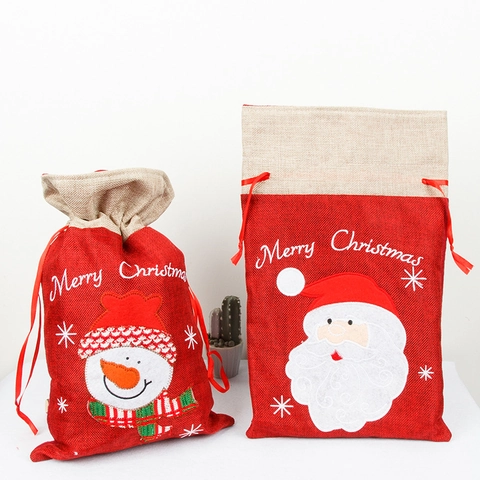Weihnachts Geschenktüte Leinen Kordelzug Sack Gestickt Weihnachtsmann Schneemann Muster Festlich Party Süßigkeitenbeutel Feiertags Dekoration