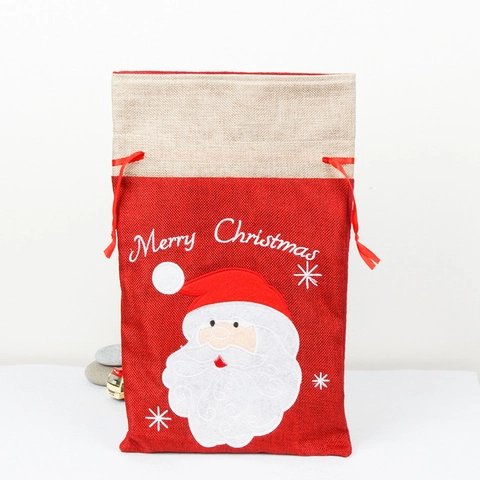 Weihnachts Geschenktüte Leinen Kordelzug Sack Gestickt Weihnachtsmann Schneemann Muster Festlich Party Süßigkeitenbeutel Feiertags Dekoration