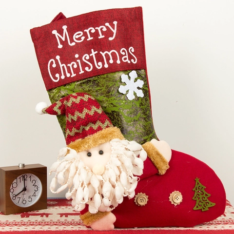 Large 3D Christmas Stocking Hanging Gift Bag Linen Plush Santa Snowman Reindeer Pattern Merry Christmas Festive Home Decor