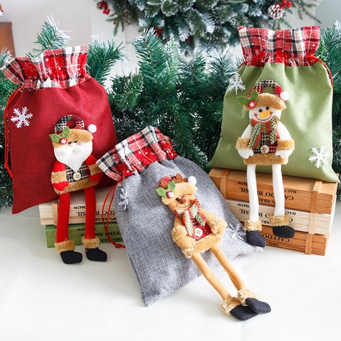 3D Pop met Lange Benen Kerst Cadeautassen Jute Trekkoord Zakje Kerstman Sneeuwpop Rendier Patroon Feest Snoepzakjes
