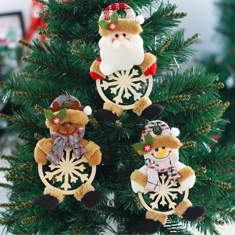 Adorno Colgante para Árbol de Navidad Madera Hueco Copo de Nieve Felpa Papá Noel Muñeco de Nieve Reno para Decoración de Fiesta