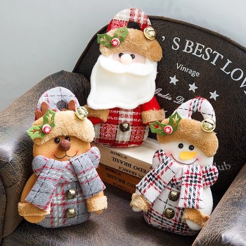 Christmas Plush Character Hanging Ornament With Metallic Bells Santa Snowman Reindeer Doll For Party Home Decor Gift