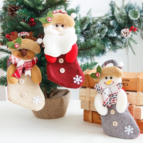 Calze di Natale in Lino e Velluto con Babbo Natale Pupazzo di Neve Renna Sacchetti Regalo Decorazioni Appendere Casa Festa