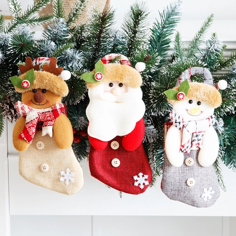 Calze di Natale in Lino e Velluto con Babbo Natale Pupazzo di Neve Renna Sacchetti Regalo Decorazioni Appendere Casa Festa
