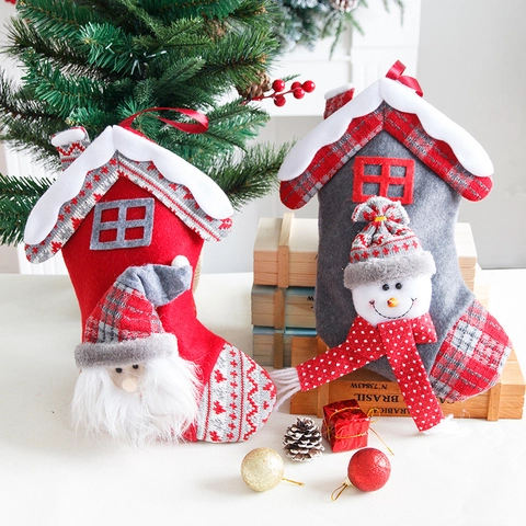House Shape Christmas Stocking 3D Santa Claus Snowman Felt Knitted Gift Bag For Christmas Tree Decoration Holiday Home Hanging Ornament