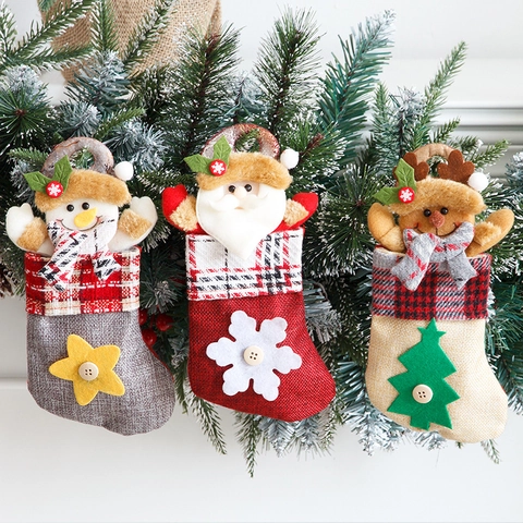 Cartoon Christmas Stocking Decoration Gift Bag With Santa Snowman Reindeer 3D Doll Linen Plaid Christmas Tree Ornament