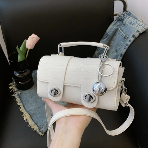 Women Fashion Eel Pattern Small Square Bag PU Leather Double Turn Lock Handbag With Silver Ball Pendant Crossbody Bag