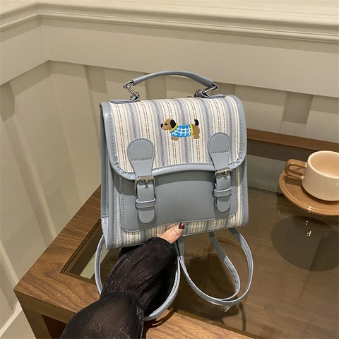 Zaino da Donna alla Moda in Pelle PU e Tela a Righe Borsa da Scuola con Ricamo di Cane Manico Superiore Mini Zainetto da Viaggio Casual