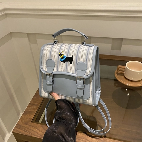 Zaino da Donna alla Moda in Pelle PU e Tela a Righe Borsa da Scuola con Ricamo di Cane Manico Superiore Mini Zainetto da Viaggio Casual