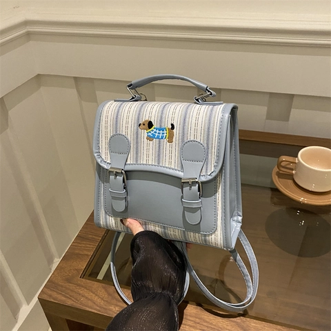 Zaino da Donna Mini in Stile Preppy in Pelle PU a Righe Con Ricamo Cane Borsa a Spalla Versatile Piccola Borsa Quadrata