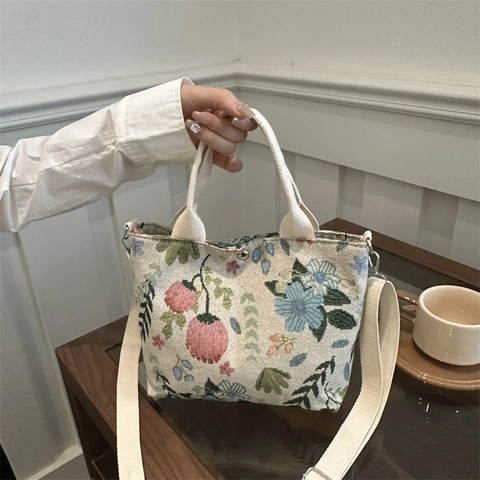 Damen Vintage Floral Erdbeere Bedruckt Tote Bag Leinwand Cord Große Kapazität Schulter Umhängetasche Mit Verstellbarem Gurt