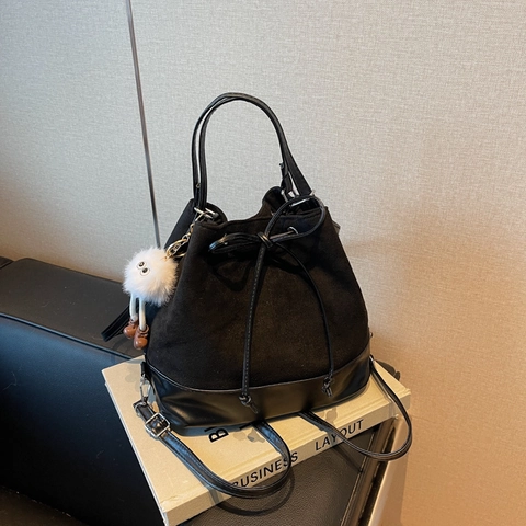 Women Korean Style Vintage PU Leather Bucket Backpack Fashion Patchwork Drawstring Backpack With Plush Pendant For College Daily Commute