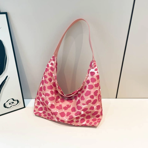 Borsa Tote in Nylon con Stampa Leopardata Grande Capacità per Donna Moda Autunno Casual Borsa a Spalla Hobo Elegante