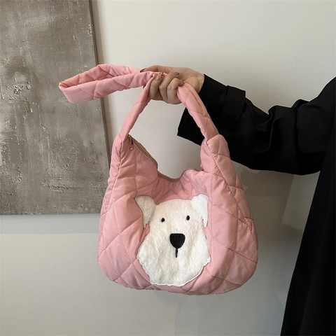 Women Quilted Nylon Tote Bag Large Capacity Commute Shoulder Bag Plush Dog Patch Korean Casual Autumn Winter Handbag