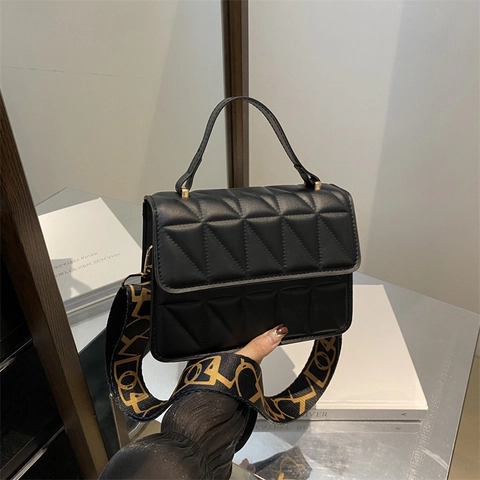 Geometric Quilted PU Leather Crossbody Bag Fashion Wide Strap Shoulder Bag Small Square Handbag Casual Commuting Handbag