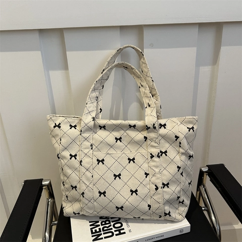 Borsa Tote Vintage in Velluto a Coste con Stampa Fiocco da Donna Grande Capacità Tracolla a Rombi Moda Casual Viaggio