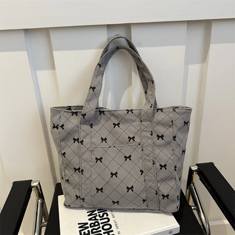 Borsa Tote Vintage in Velluto a Coste con Stampa Fiocco da Donna Grande Capacità Tracolla a Rombi Moda Casual Viaggio
