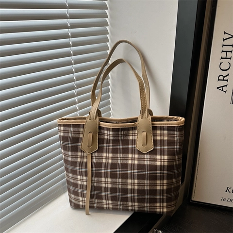 Bolso Tote a Cuadros de Gran Capacidad para Mujer Estilo Coreano de Cuero PU Tela Bolso de Hombro para Escuela Trabajo Diario
