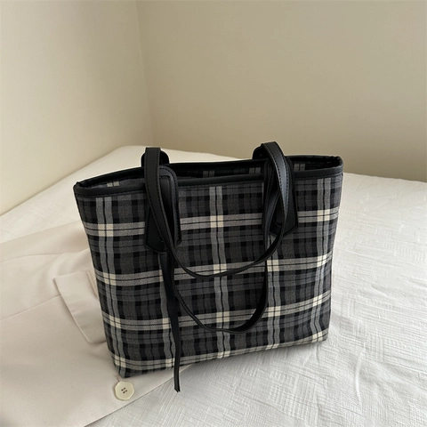 Bolso Tote a Cuadros de Gran Capacidad para Mujer Estilo Coreano de Cuero PU Tela Bolso de Hombro para Escuela Trabajo Diario